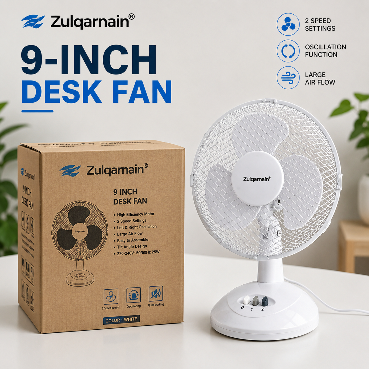 9 Inch Desk Fan with Oscillation and Tilt Angle Design with 2 Speed Settings