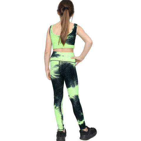 Girls Honeycomb Green Leggings Crop Top Vest Dance Yoga Exercise High Waist Set