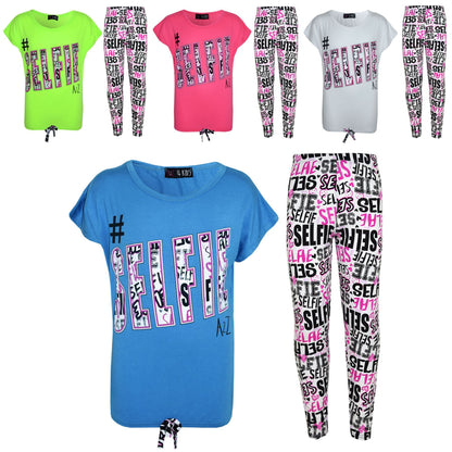 Kids Girls #Selfie T Shirt Top & Fashion Selfie Graffiti Legging Set 7-13 Years