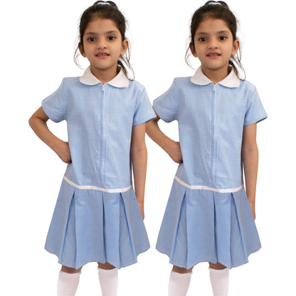 Kids Girls 2 Pack Uniform School Zip Up Gingham Dress With Matching Scrunchies