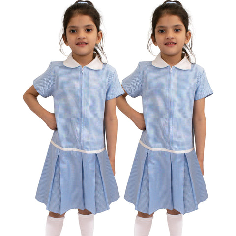 Kids Girls 2 Pack Uniform School Zip Up Gingham Dress With Matching Scrunchies