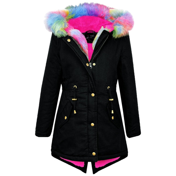Kids Hooded Jacket Girls Fur Parka School Jackets Outwear Coat 5-13 Years
