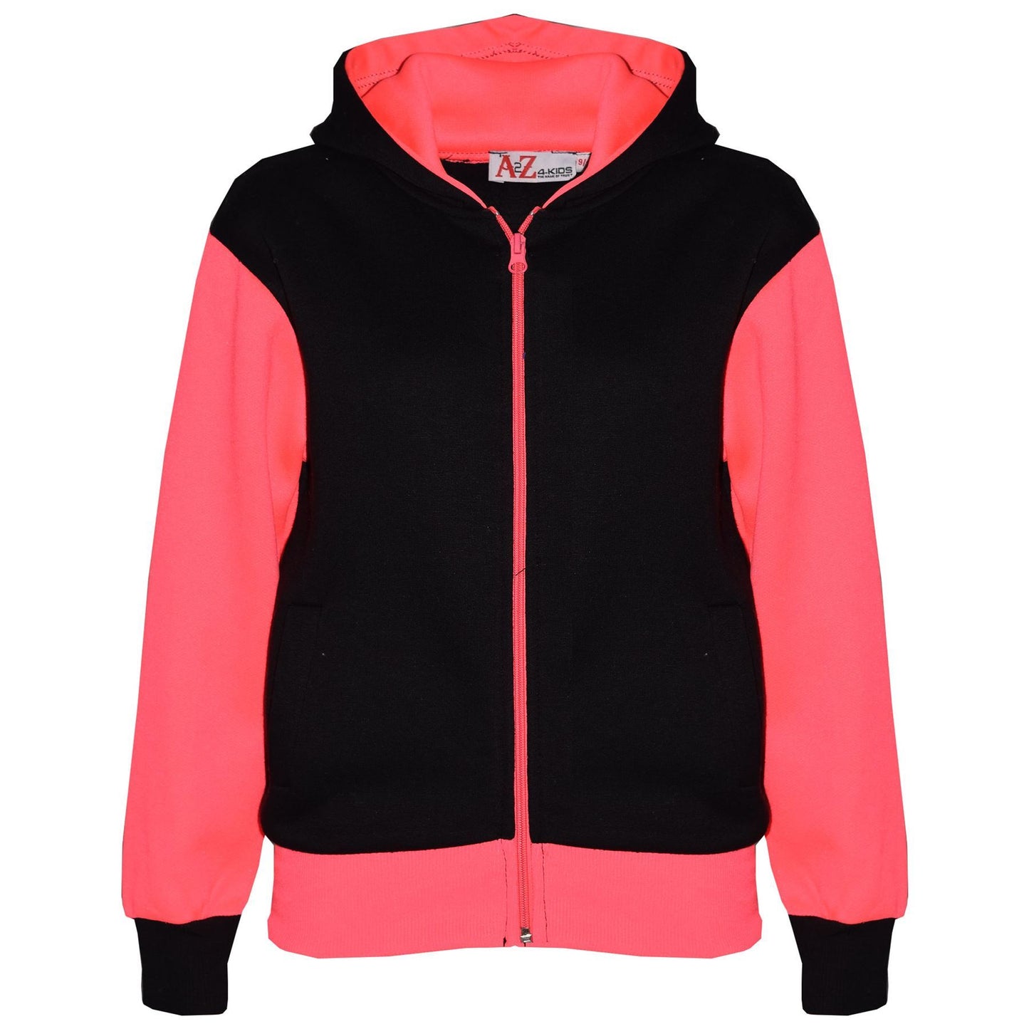 A2Z 4 Kids Plain Contrast Fleece Tracksuit Neon Pink Hooded Top And Bottom Sweatpants Joggers Sports Gymwear Jogging Suit Activewear Hoodie With Jogger Set Girls Childrens Age 5-13 Years