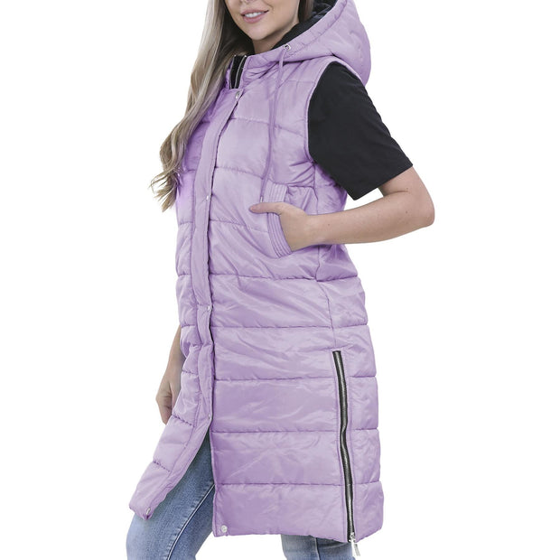 Ladies Sleeveless Gilet Oversized Hooded Quilted Gilet Padded Long Line Coat