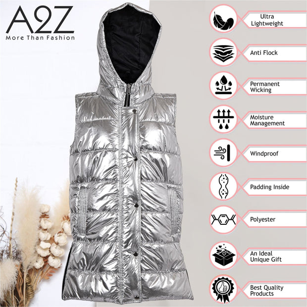 A2Z Ladies Adults Sleeveless Gilet Oversized Hooded Silver Foil Quilted Gilet Padded Long Line Vest Jacket Sleeveless Coat Urban Winter Wear