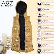 A2Z Kids Girls Fashion Oversized Hooded Quilted Gilet Golden Foil Color Padded Long Line Vest Jacket Long Sleeveless Coat Urban Winter Wear Coat 7-13 Years