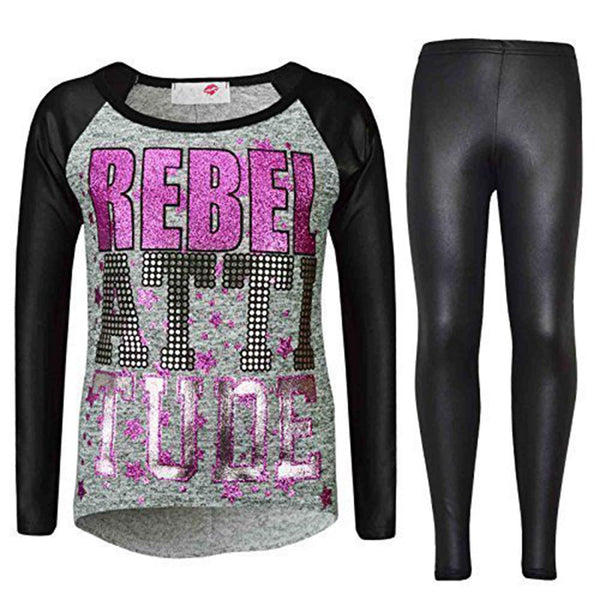 Kids Girls Rebel Attitude Printed Top & Fashion Wet Look Legging Set 3-13 Years