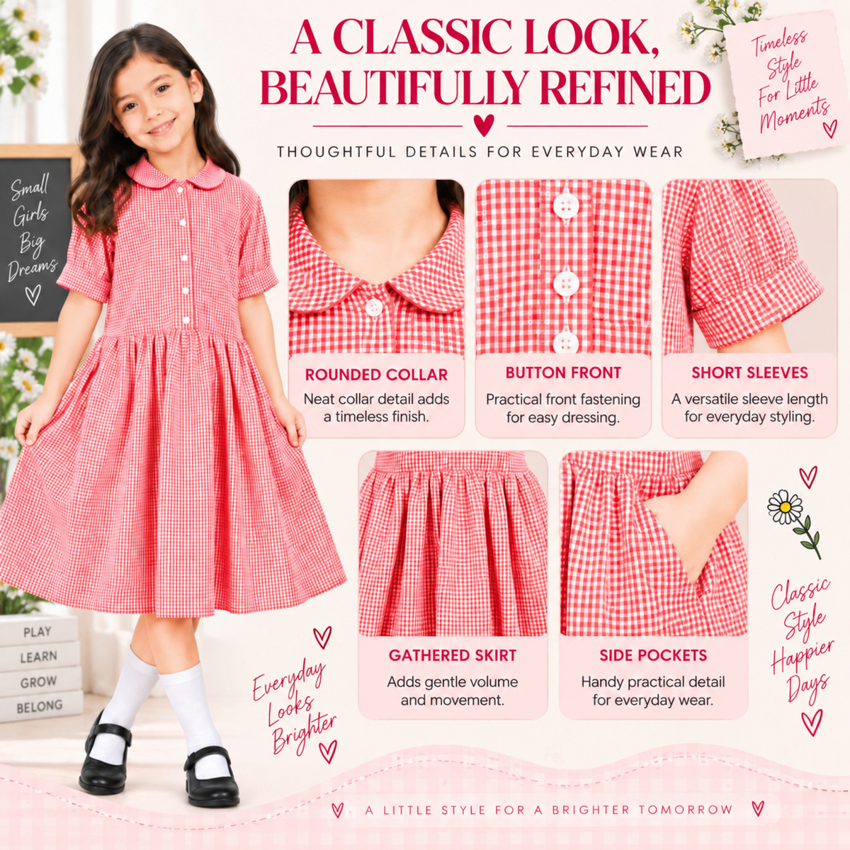 Girls School Gingham Dress Soft Fabric Check Print Front Button Closure Dress