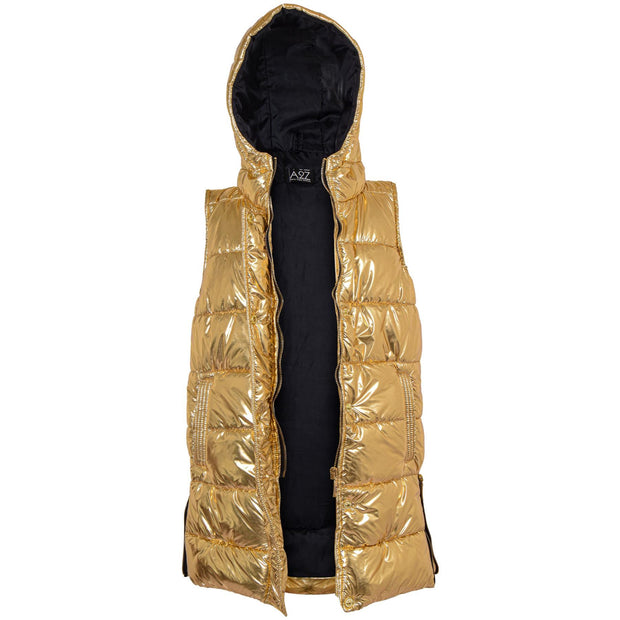 A2Z Ladies Adults Sleeveless Gilet Oversized Hooded Golden Foil Quilted Gilet Padded Long Line Vest Jacket Sleeveless Coat Urban Winter Wear