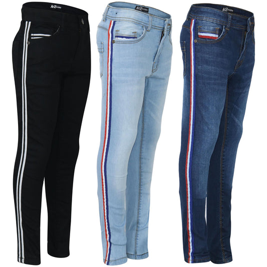 Kids Boys Skinny Denim Jeans Contrast Taped Stretchy Pants Trouser Age 5-13 Year