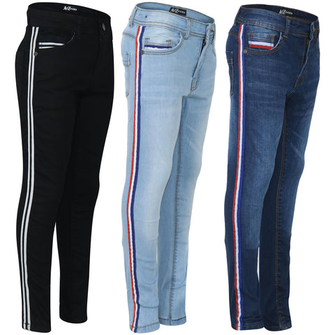 Kids Boys Skinny Denim Jeans Contrast Taped Stretchy Pants Trouser Age 5-13 Year