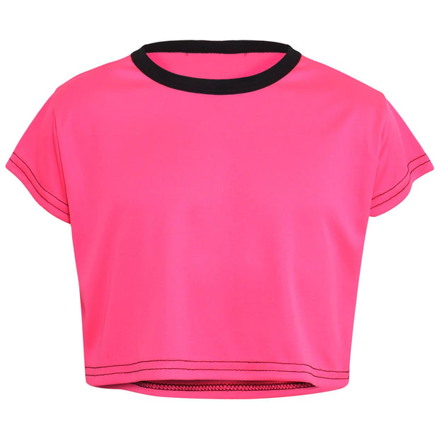 A2Z 4 Kids Black and Neon Pink Crop Top And Shorts Set Contrast Colour Short Sleeves T Shirt Summer Outfit 2 Piece Activewear Girls Age 5-13 years