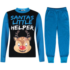 Kids Girls Boys Pyjamas Santas Little Helper Reindeer Contrast Sleeves Xmas PJS