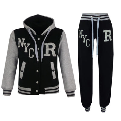 A2Z 4 Kids Girls Boys Black Baseball Tracksuit NYC Jacket & Trouser Sports Hoodie Bottom Joggers Age 2 3 4 5 6 7 8 9 10 11 12 13 Years