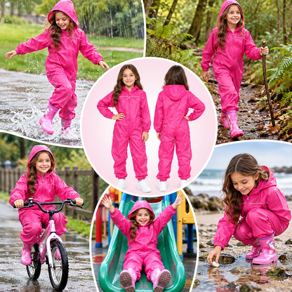 Girls Boys Raincoat Kids Puddle Suit Rainwear Waterproof Hooded Rainsuit 2-13 Yr