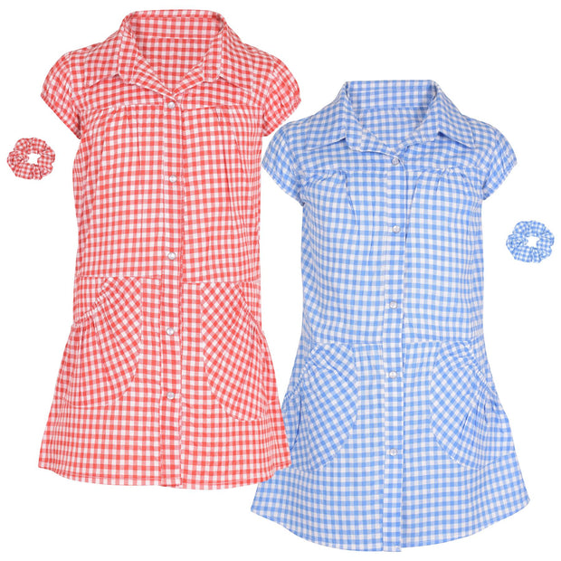 Kids Girls Gingham School Dress Check Printed Dresses With Matching Scrunchies - A2Z 4 Kids