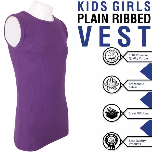 Kids Girls Ribbed Vest Top 100% Thick Cotton Fashion Tank Tops T Shirt 2-13 Year