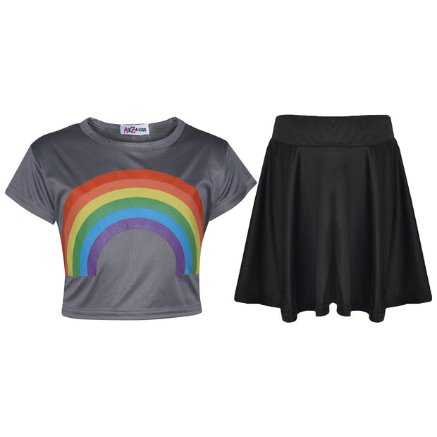 A2Z 4 Kids Girls Crop Top & Skirt Sets Designer's Rainbow Print Steel Grey Trendy Floss Fashion Belly Shirt & Skirts Trendy T Shirt Tops Tees & Bottom Set New Age 5 6 7 8 9 10 11 12 13 Years