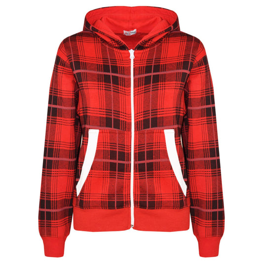 Kids Jacket Boys Girls Fleece Tartan Print Zipped Top Hooded Hoodie 5-13 Years