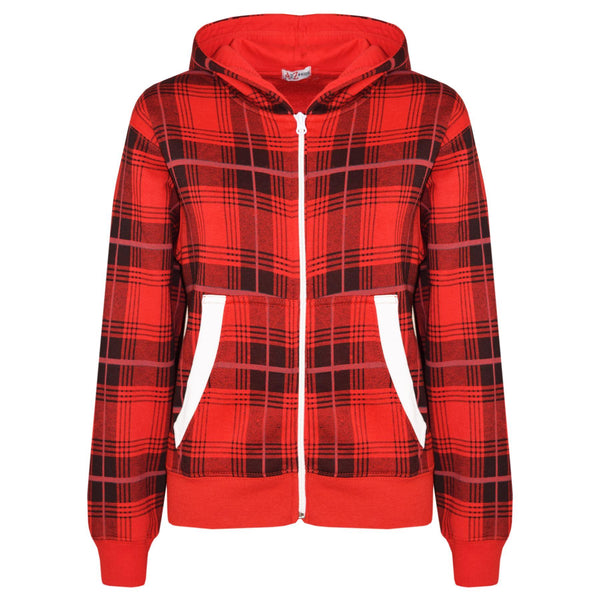 Kids Jacket Boys Girls Fleece Tartan Print Zipped Top Hooded Hoodie 5-13 Years