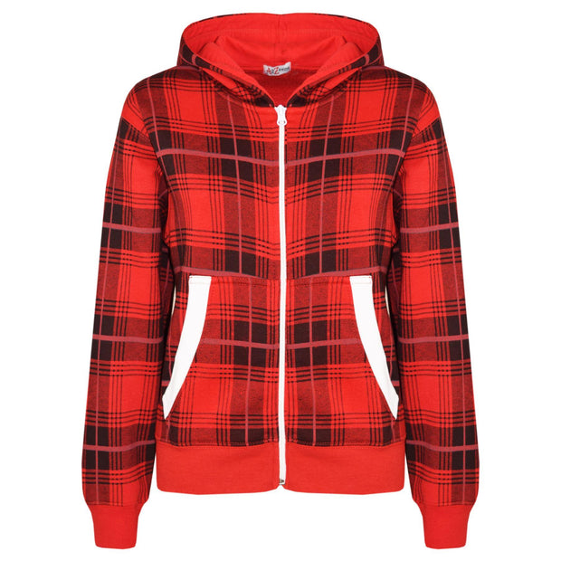 Kids Jacket Boys Girls Fleece Tartan Print Zipped Top Hooded Hoodie 5-13 Years