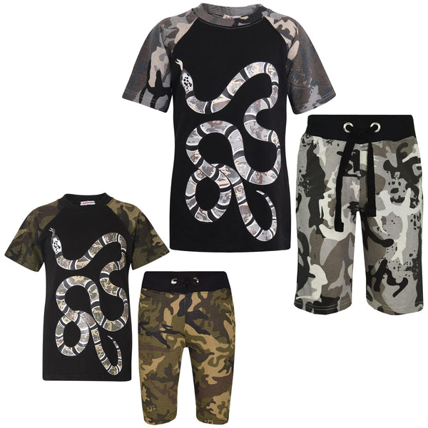 Kids Snake Camo Print Top & Shorts Set Active Wear Girls Boys Age 5-13 years
