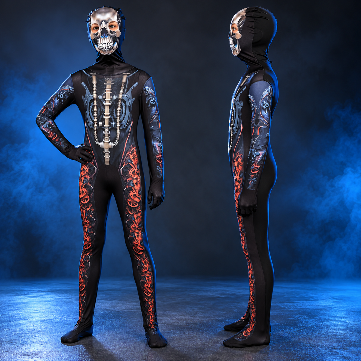 Boys Girls Mecha Skeleton Halloween Costume with Skull Mask Scary Jumpsuit 3-14