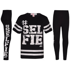 Girls Top Kids Designer's #Selfie Fashion T Shirt Top & Legging Set 7-13 Years