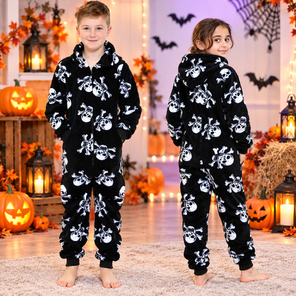 Kids Fun Halloween Skull Bones Print Onesie Pyjama Sets For Girls Boys Jumpsuit