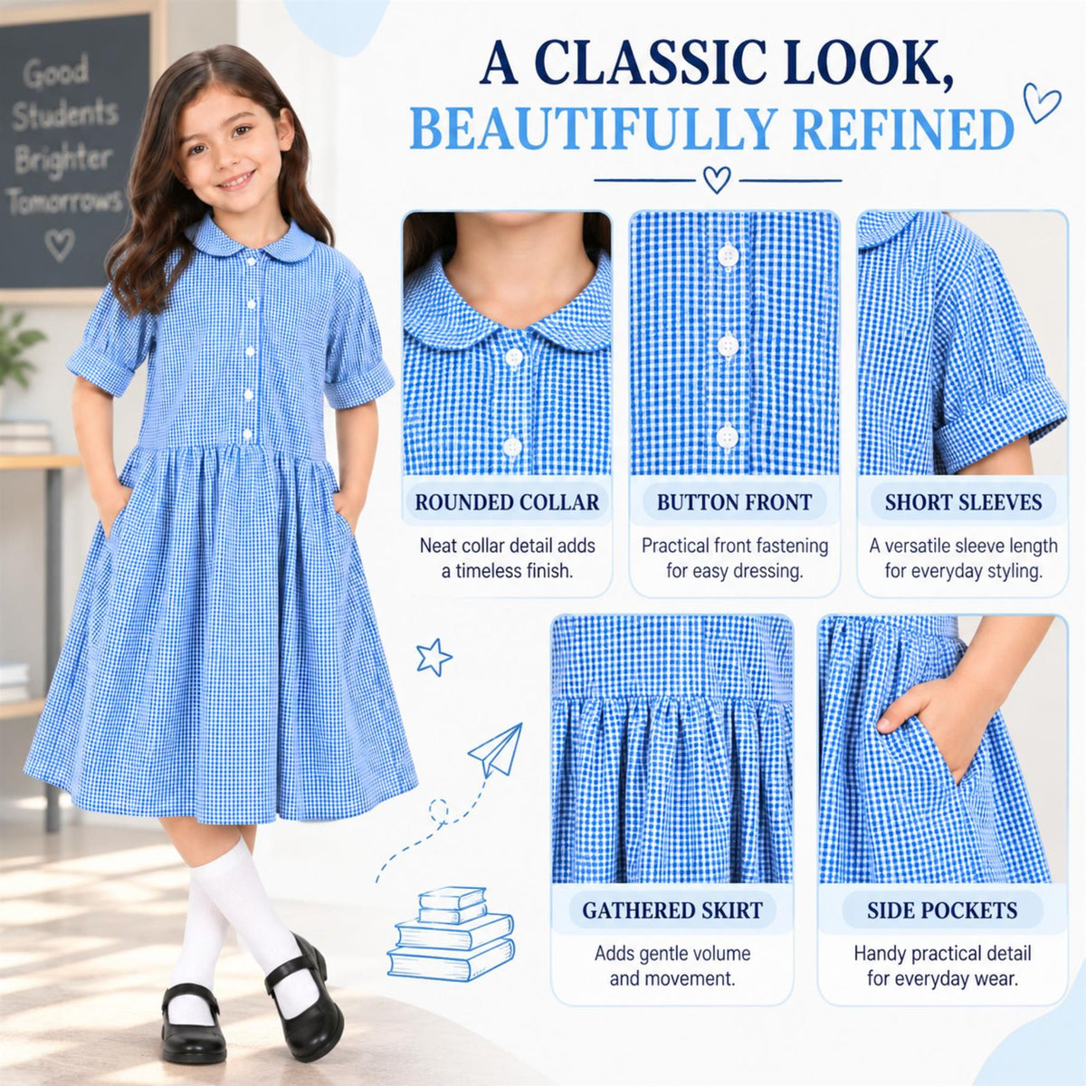 Girls School Gingham Dress Soft Fabric Check Print Front Button Closure Dress