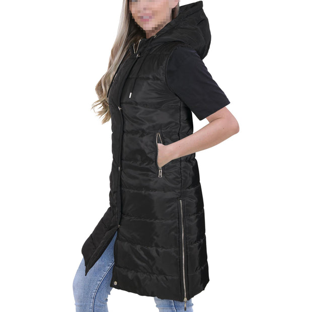 A2Z Ladies Down Vest Oversized Hooded Silver Zipped Quilted Gilet Padded Long Line Vest Black Jacket Long Sleeveless Fashion Coat S/M/L/XL/XXL/3XL/4XL