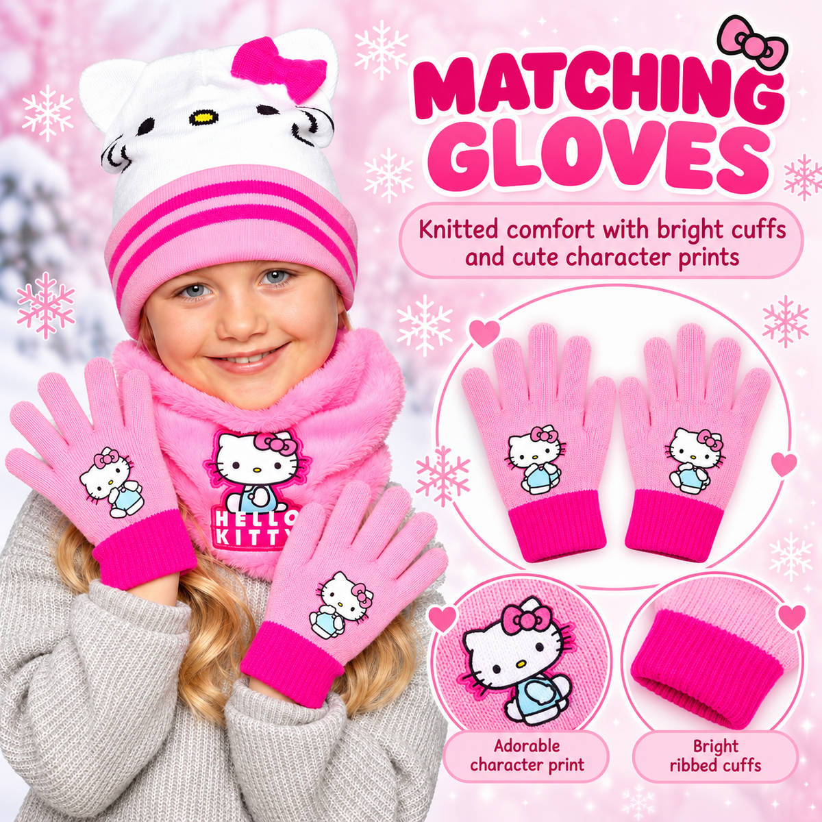 Hello Kitty Girls Hat Gloves Snood Set Pink Winter Neck Warmer Kids One Size