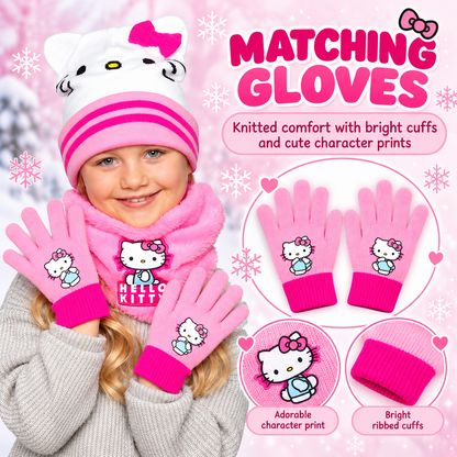 Hello Kitty Girls Hat Gloves Snood Set Pink Winter Neck Warmer Kids One Size