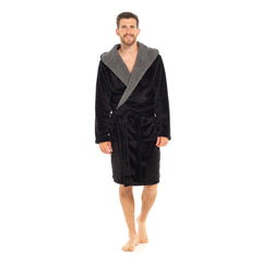 Mens Flannel Fleece Hooded Dressing Gown Sherpa Lined Robe with Belt & Pockets