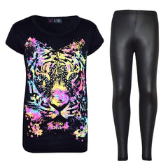 Kids Girls Multi Tiger Print Trendy T Shirt Top & Fashion Legging Set 7-13 Year
