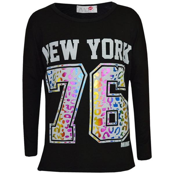 Kids Girls T Shirt New York 76 Multi Color Foil Print Trendy Fashion Top T Shirt