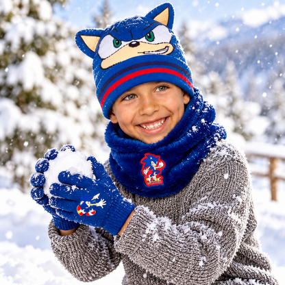 Sonic Boys Hat Gloves Snood Set Royal Blue Winter 3 Piece Officially Licensed
