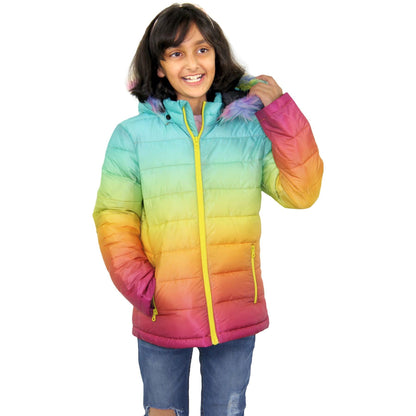 Kids Girls Puffer Jacket Faux Fur Hooded 3D Fade Gradient Padded Thick Warm Coat