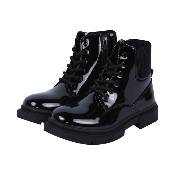 Kids Girls Teens Ladies School Shoes Lace Up Patent Boot Ankle Side Zip & Chunky