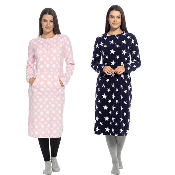 Ladies Fleece Nightie Long Sleeve Dress with Pockets Sizes 10-24