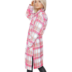 Ladies Longline Shacket Checked Button Down Shirt Jacket Top Oversize Coat