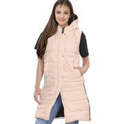 A2Z Kids Girls Fashion Oversized Hooded Quilted Gilet Stone Color Padded Long Line Vest Jacket Long Sleeveless Coat Urban Winter Wear Coat 7-13 Years