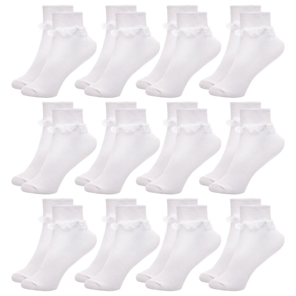 Kids Girls Frilly Lace Ankle Socks 12 Pack Cotton School Party Lace Trim Socks