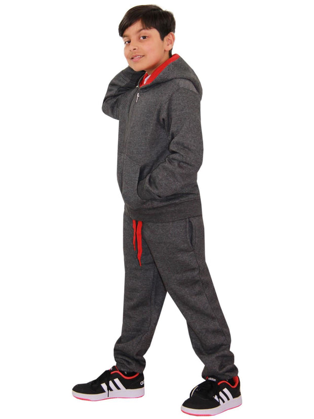 A2Z 4 Kids Plain Tracksuit Charcoal And Red Contrast Fleece Hoodie with Joggers Jogging Sweatpants Pants Sports Activewear Outfit Set For Childrens Girls Boys Age 5-13 Years