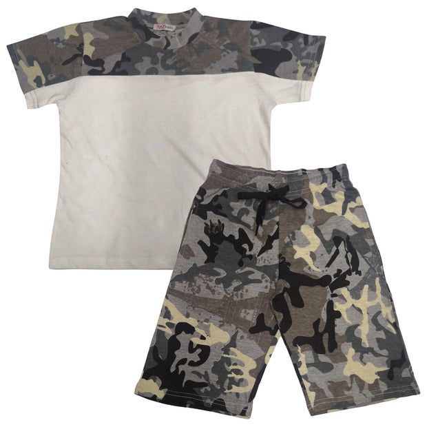 A2Z 4 Kids Two Colour Block Contrast Panel Camo Charcoal Top & Shorts Set Short Sleeves T Shirt Summer Outfit 2 Piece Activewear Girls Boys Age 5-13 Years