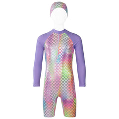 Kids Girls Rainbow Swimsuit With Hat Surfing Diving Quick Dry Swimwear Suit