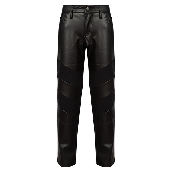 Kids Girls Faux Leather PU Panelled Trousers Slim Fit Pants For Party Streetwear