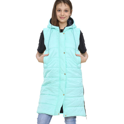 Kids Girls Oversized Gilet Long Line Hooded Quilted Jacket Long Sleeveless Coat