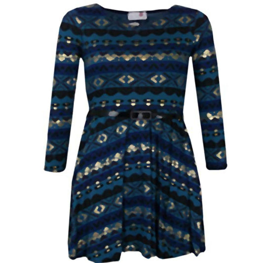 Kids Girls Skater Dress Aztec Teal Blue Party Dresses With Free Belt 7-13 Years