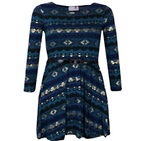 Kids Girls Skater Dress Aztec Teal Blue Party Dresses With Free Belt 7-13 Years